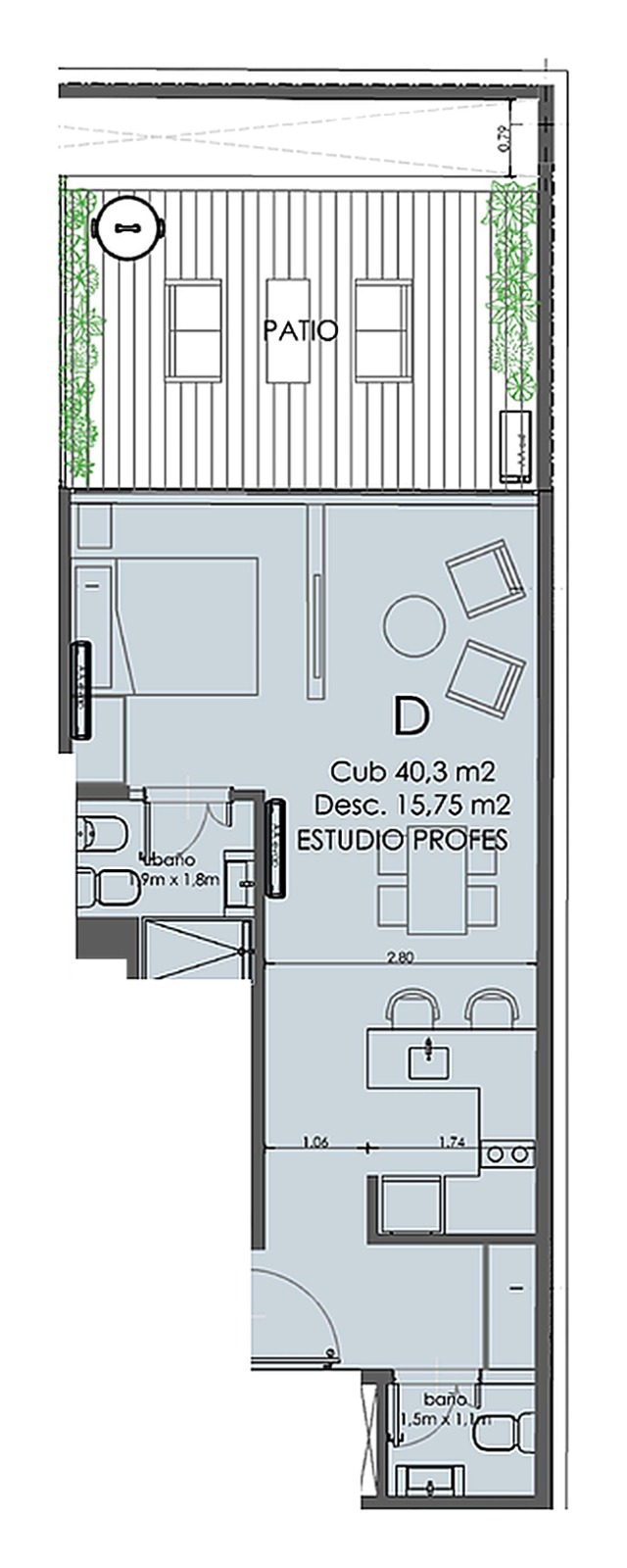 Plano principal de Venta Mono Divisible con Patio en Pozo Almagro · Entrega Dic 2029