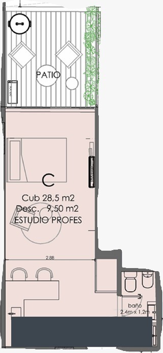 Plano principal de Monoambiente c/patio propio en pozo - Almagro - Financiado 100%