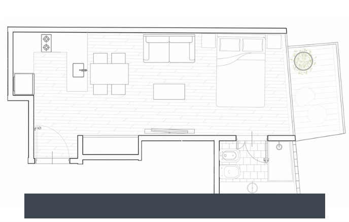 Plano principal de Departamento Monoambiente en pozo con balcón - Almagro - Financiación 100%